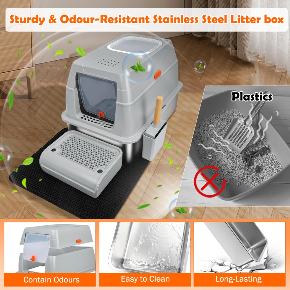 Szee Stainless Steel Litter Box, Xl Top Exit Enclosed Metal Cat Litter Box With Lid & Enclosure, Activated Charcoal Odor Control